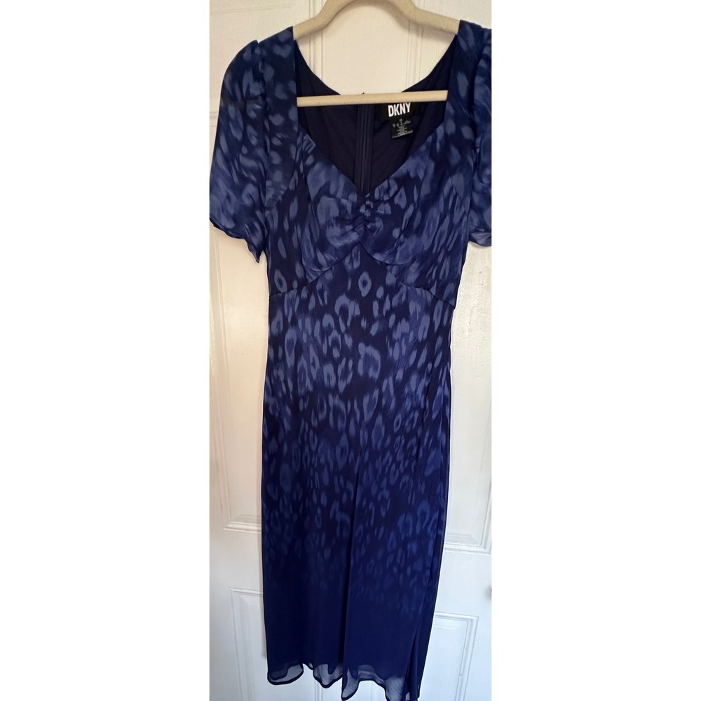 DKNY Blue Leopard Print Chiffon Midi Dress Sweetheart Neck NWT Size 8